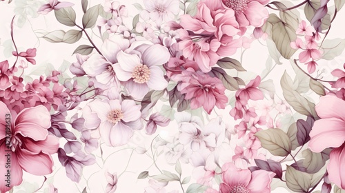 Plants and Flower with Summer Seamless Pattern Background Concept. Beautiful Floral Pattern with Soft Pink Flowers