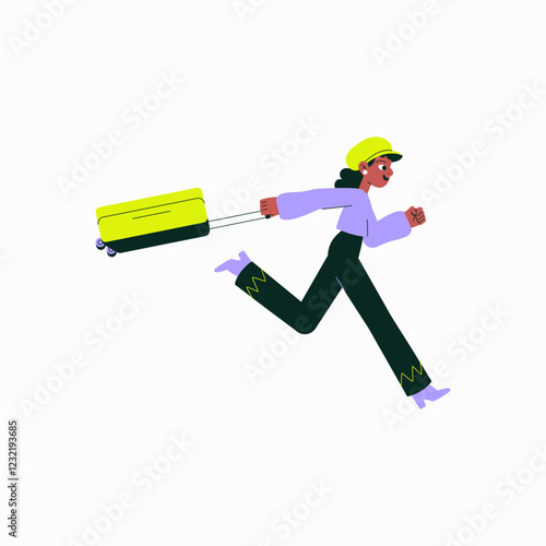 Female Traveler Running With Suitcase In Flat Vector Illustration Symbolizing Urgency, Travel, And Airport Rush, Isolated On White Background