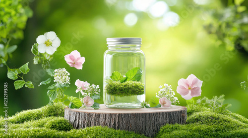 green tinted glass jar with metal lid sits on wooden stump, surrounded by lush greenery and delicate flowers, creating serene and eco friendly atmosphere photo