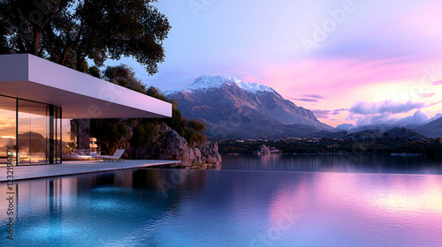 Modern villa sunset pool mountain lake luxury