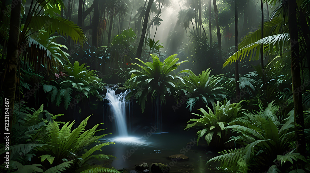 Naklejka premium Tranquil Oasis in the Heart of the Jungle with a Serene Stream Flowing Through Lush Vegetation
