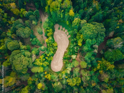 Aerial View of Forest Trees Surrounding Footprint-Shaped Clearing in Autumn Season - ecological footprint