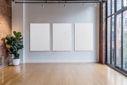 Empty gallery room with three blank canvases, hardwood floor, brick wall, and large window. photo