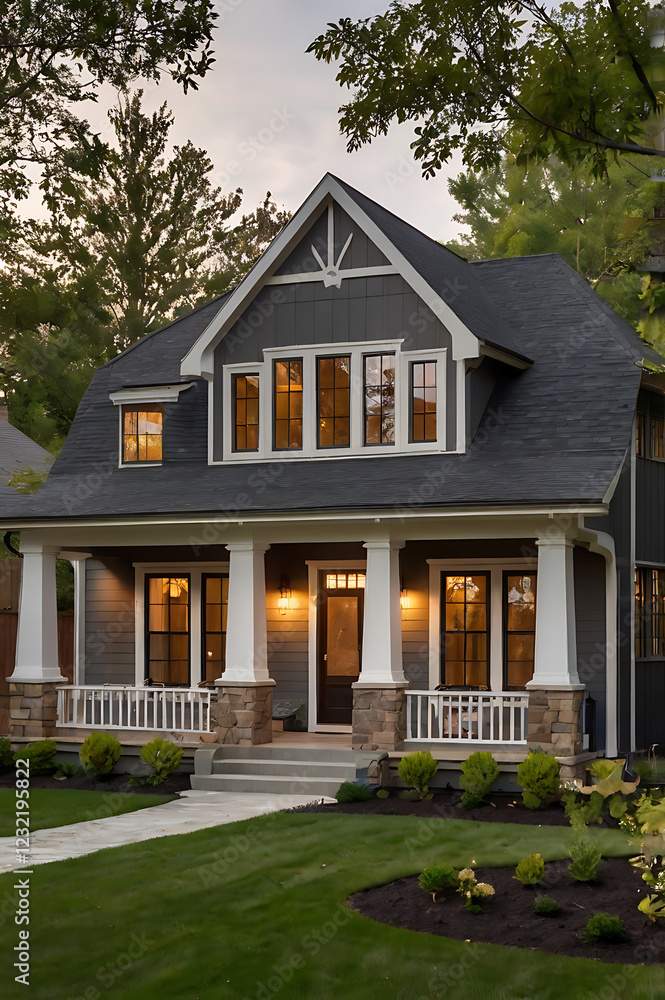 Luxury Modern Home Exterior: Gray Facade, Stone Accents, and Landscaped Lawn Luxury Modern Home Exterior: Gray Facade, Stone Accents, and Landscaped Lawn