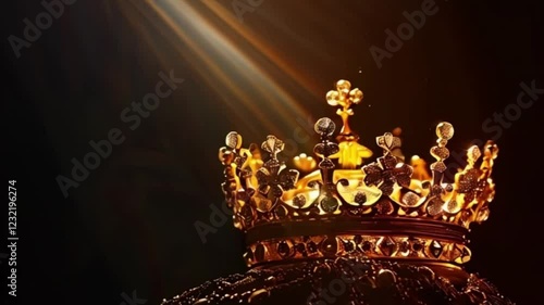 Fantastic beautiful king or queen crown from vivid gold material for coronation, abstract vivid composition consists of fictional unreal fantastic vision on background