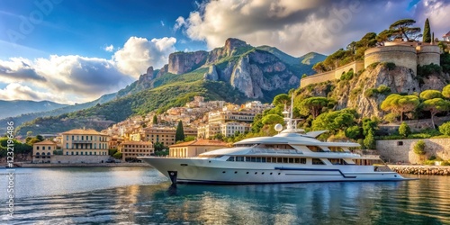 Wallpaper Mural Luxury yacht anchored in a secluded bay surrounded by picturesque hills and mountains of Monaco, with the iconic Prince's Palace in the background, Bay, Monaco Torontodigital.ca