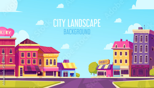 Colorful Cartoon Cityscape with Shops