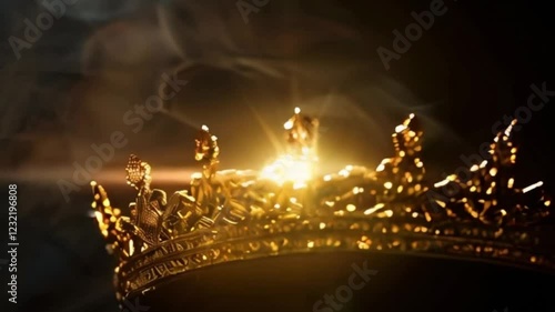 Fantastic beautiful king or queen crown from vivid gold material for coronation, abstract vivid composition consists of fictional unreal fantastic vision on background