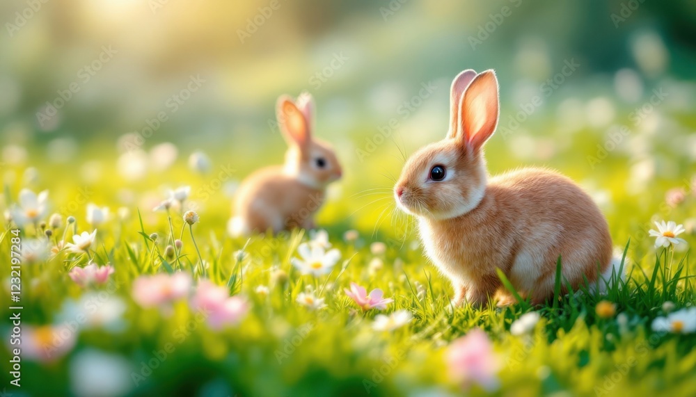 Fototapeta premium Adorable baby rabbits in sunlit meadow with wildflowers