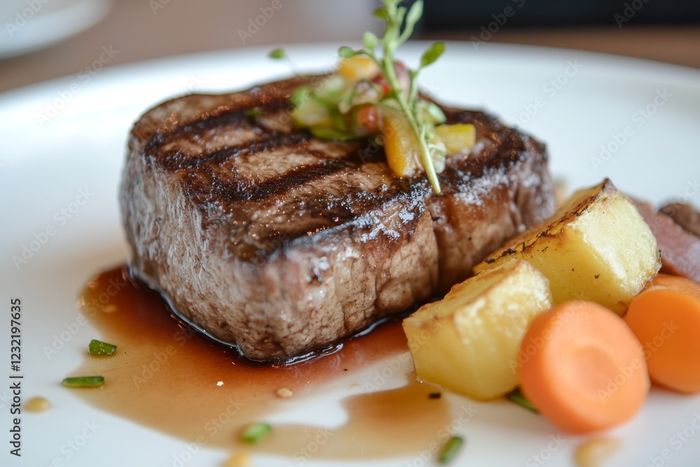 Grilled beef steak with roasted potatoes and carrots, drizzled with sauce. Grilled beef steak with roasted potatoes and carrots, drizzled with sauce.