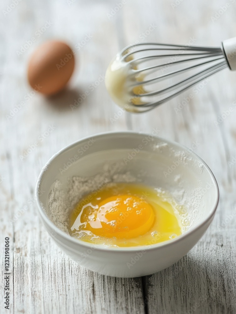 A selective focus closeup of a bowl of egg and an egg beater on a white plank table A selective focus closeup of a bowl of egg and an egg beater on a white plank table