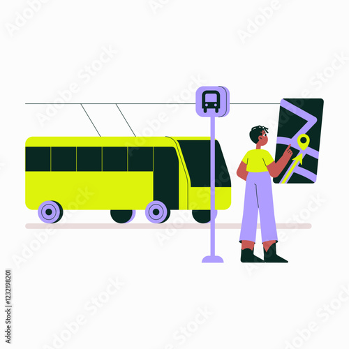 Bus Stop With Female Passenger Checking Navigation App In Flat Vector Illustration Symbolizing Public Transportation, Travel Planning, And City Mobility, Isolated On White Background.