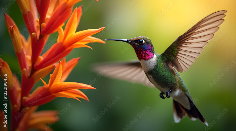 Fototapeta premium A stunning hummingbird with iridescent green and red feathers hovers near a cluster of bright orange flowers, its delicate wings frozen mid-flight. The background is lush and softly blurred, adding de