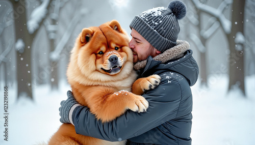 Young man embracing fluffy chow chow in serene snowy landscape, winter affection concept, stock photo. Pet Day photo