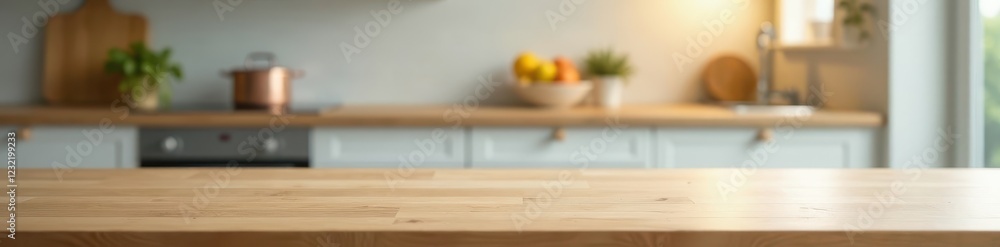 Clean empty tabletop, blurred kitchen background, space, kitchenware Clean empty tabletop, blurred kitchen background, space, kitchenware