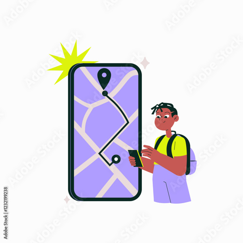 Male Traveler Using Navigation App On Smartphone In Flat Vector Illustration Symbolizing Digital Travel Assistance, GPS Tracking, And Trip Planning, Isolated On White Background