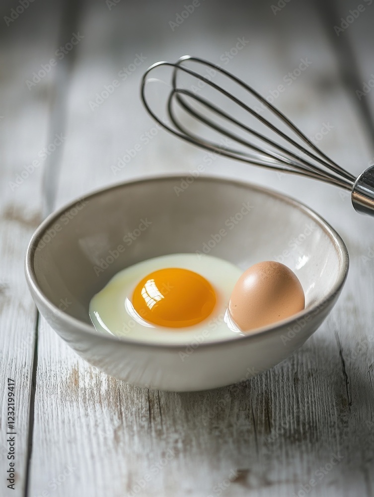 A selective focus closeup of a bowl of egg and an egg beater on a white plank table A selective focus closeup of a bowl of egg and an egg beater on a white plank table