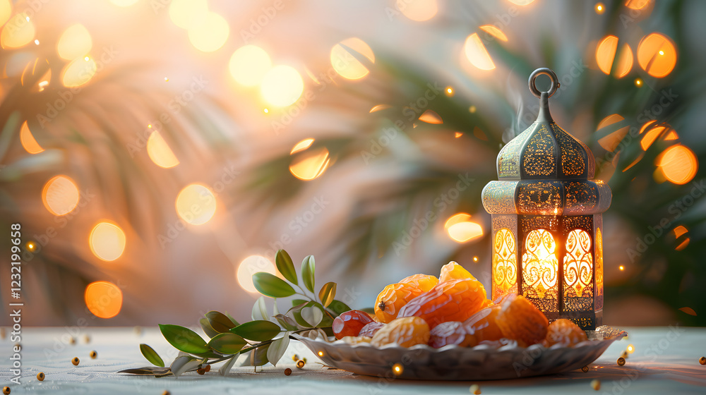Elegant silver Moroccan lantern with intricate patterns, accompanied by dates on a plate and a glowing candle, surrounded by greenery and soft bokeh lights, evoking a serene Ramadan ambiance