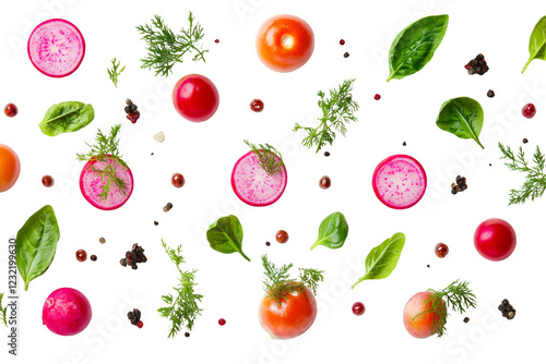 Vibrant Red Radishes, Tomatoes, Spinach, and Dill on Black Backg
