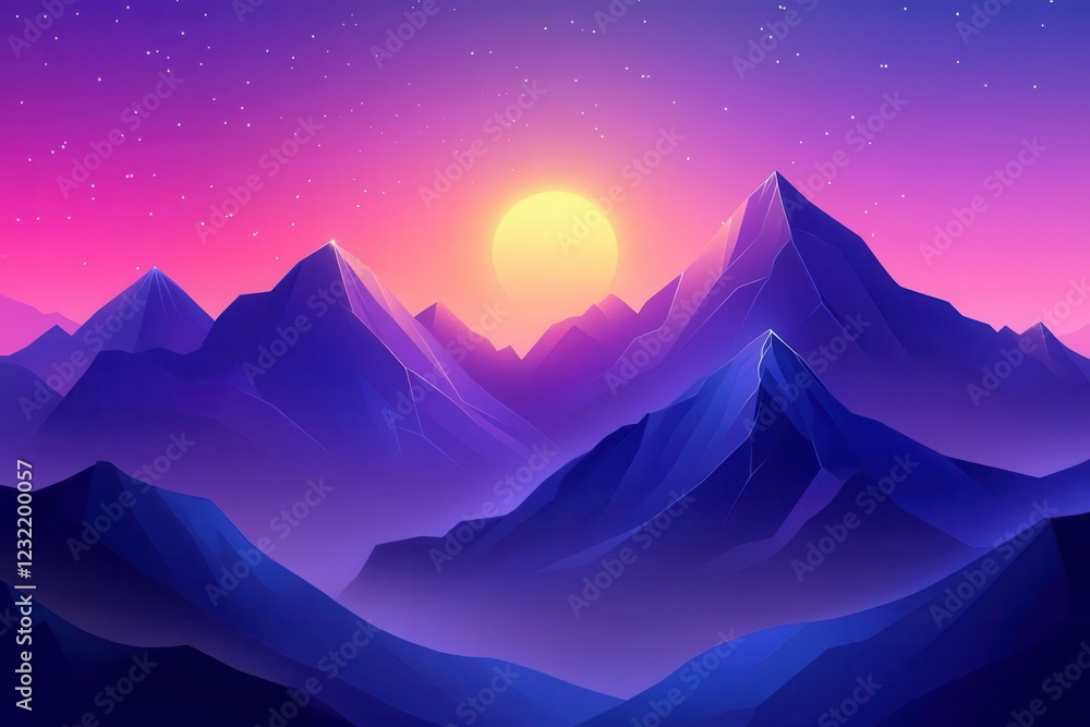 retro synthwave mountain landscape, neon pink and purple gradient sky, low-poly sun rising behind geometric peaks
