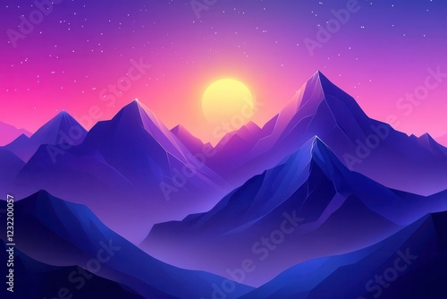 Obraz na płótnie retro synthwave mountain landscape, neon pink and purple gradient sky, low-poly sun rising behind geometric peaks w salonie