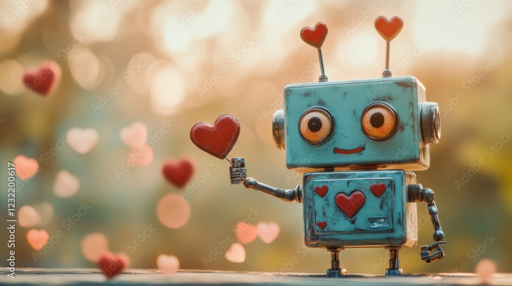 Cute Robot Character with Heart Symbol and Blurry Background for Valentine's Day Celebration and Love Concept Cute Robot Character with Heart Symbol and Blurry Background for Valentine's Day Celebration and Love Concept