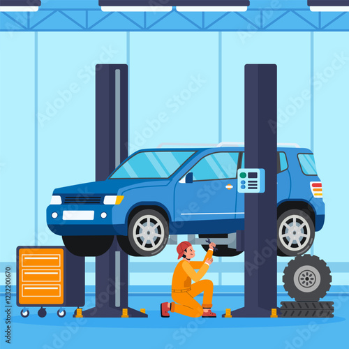 Mechanic Repairing SUV on Hydraulic Lift