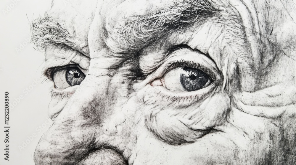 Obraz premium Close-up of an Elderly Man's Intense Eyes and Weathered Face in Artistic Black and White Sketch Representation