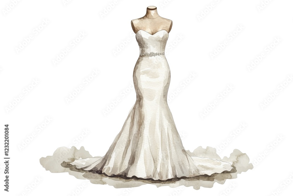 Fototapeta premium Elegant Watercolor Mermaid Wedding Dress on a Mannequin, Isolated on White Background Cutout