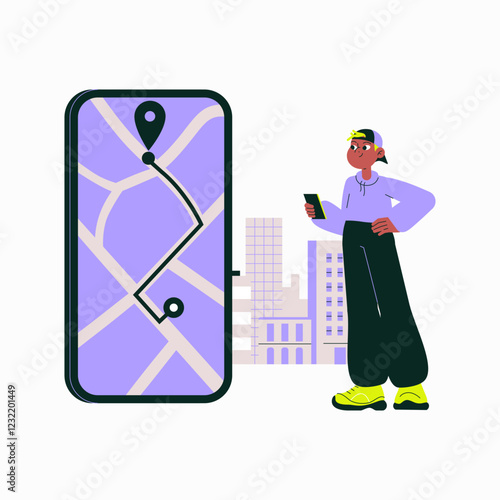 Man Using Taxi Tracking App on Smartphone in Flat Vector Illustration Symbolizing Ride Monitoring and Urban Transportation, Isolated on White Background