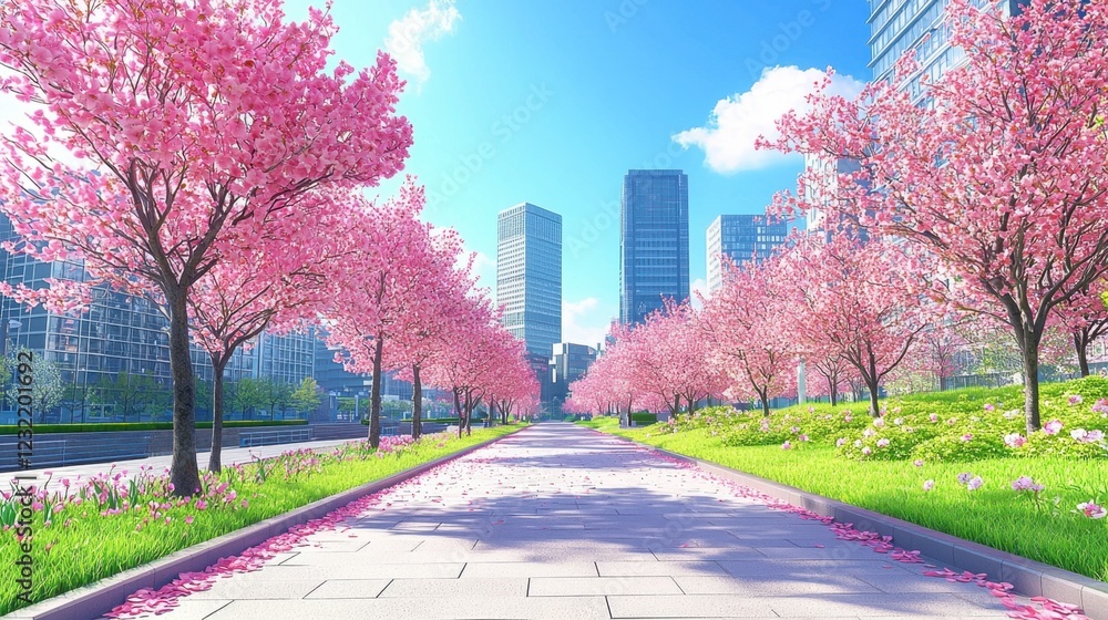 Modern city skyline with spring greenery Modern city skyline with spring greenery