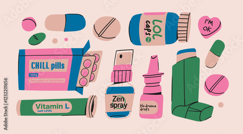 Various Medicine set. Pills, drugs, capsules, blister, inhaler, spray, vitamins. Pharmacy, pharmaceutics, hospital, health care concept. Hand drawn trendy Vector illustration. Isolated design elements