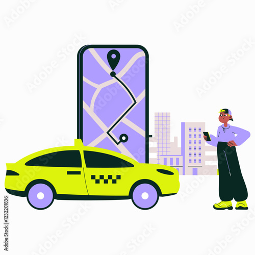 Man Using Taxi Booking App on Smartphone in Flat Vector Illustration Symbolizing Digital Ride Hailing and Urban Transportation, Isolated on White Background