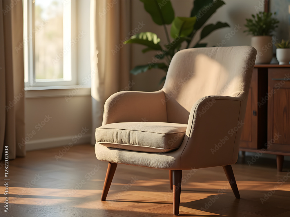 Fototapeta premium Cozy Retreat: The Single Chair Sanctuary. A close-up of a single, elegant armchair placed in a peaceful corner of a room.