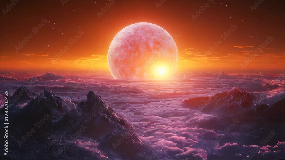 A glowing planet rises over a surreal alien landscape with misty mountains. The cosmic horizon emits a fiery glow in a hyper-realistic sci-fi setting A glowing planet rises over a surreal alien landscape with misty mountains. The cosmic horizon emits a fiery glow in a hyper-realistic sci-fi setting
