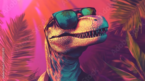 Fototapeta Naklejka Na Ścianę i Meble -  Sunglasses-wearing velociraptor chilling on tropical beach during sunset, synthwave-inspired retro artwork with playful dinosaur vibe