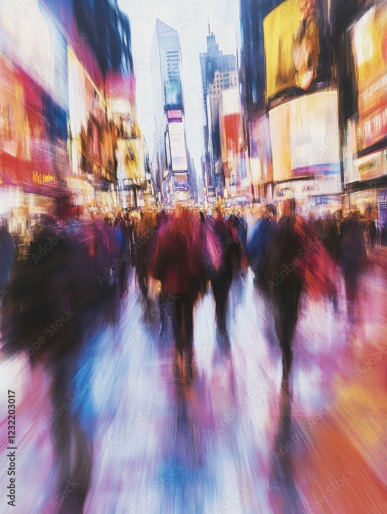 Obraz premium A vibrant urban scene with blurred pedestrians walking in a bustling shopping district, capturing the essence of city life.