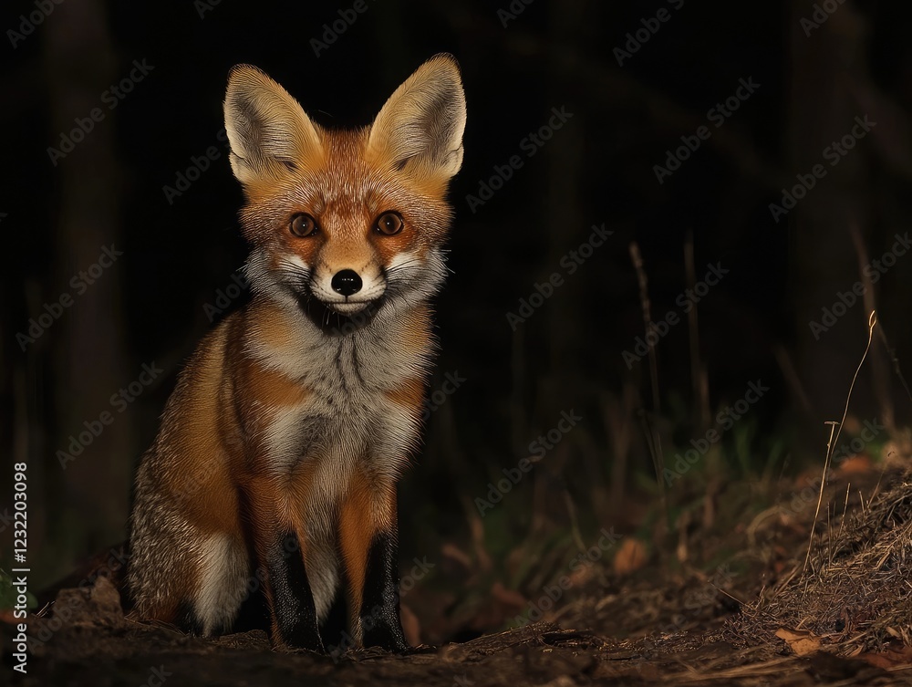 Obraz premium A striking portrait of a red fox sitting alert in a dark forest at night with large ears