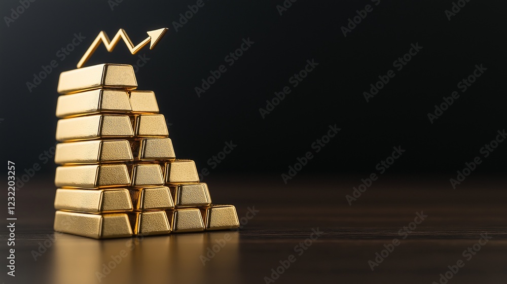 stack of gold bars with upward arrow on black background, concept of growing value and market growth in precious metal trading stack of gold bars with upward arrow on black background, concept of growing value and market growth in precious metal trading