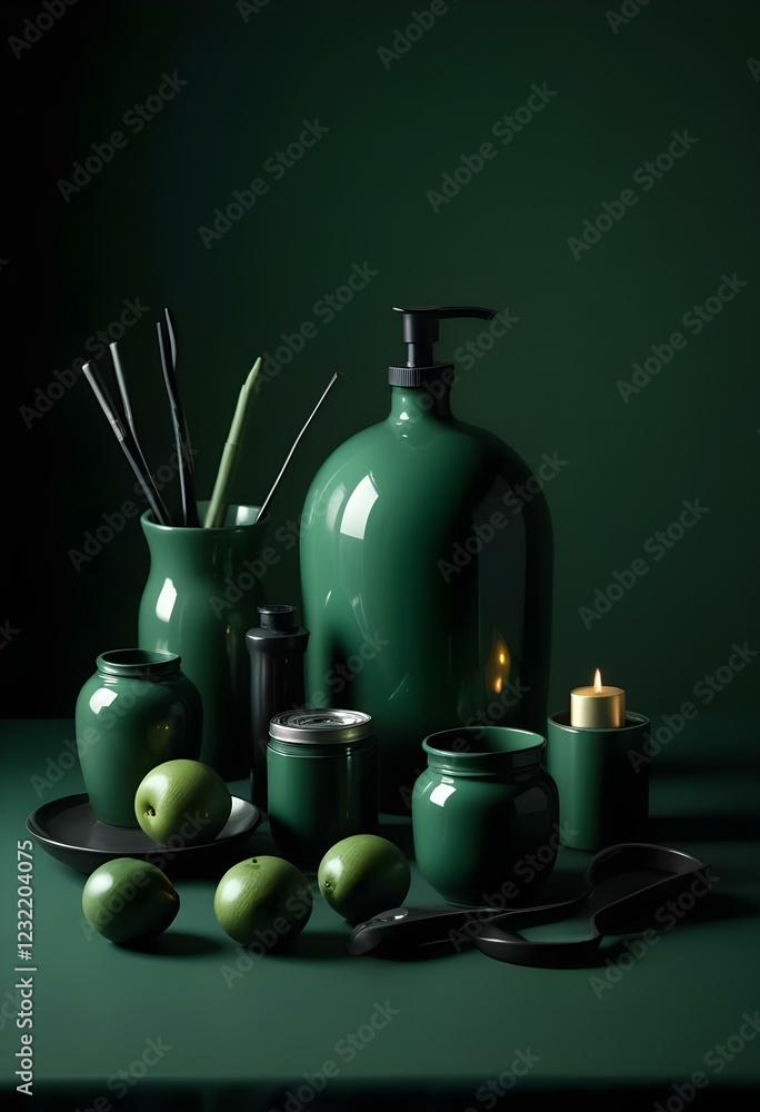 dark green green tone spa still life with towel and candle, vase and plants, oil bottle, aromatherapy, nuru dark green green tone spa still life with towel and candle, vase and plants, oil bottle, aromatherapy, nuru