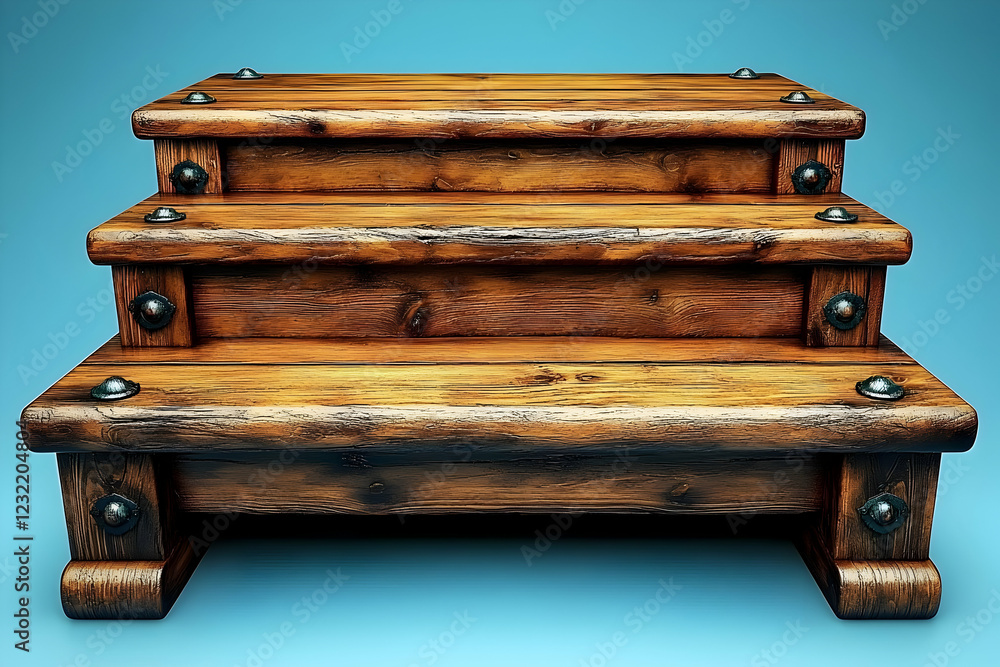 Fototapeta premium Rustic wooden three-step stand, blue background, product display