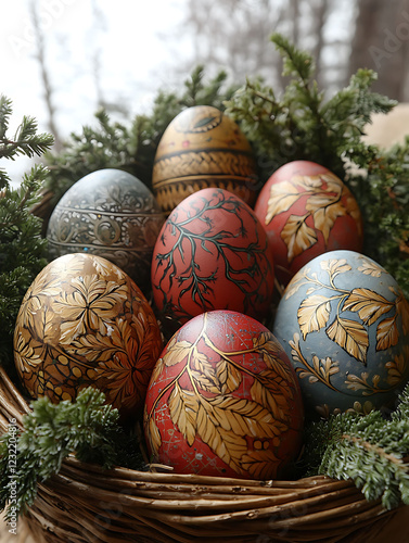 Intricately decorated Easter eggs nestle in a rustic wicker basket, adorned with evergreen boughs. photo