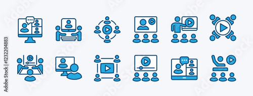 Set of video conference icon. Containing online meeting, workplace, remote work, freelance, seminar, classroom, education, coaching, communication, discussion, meeting, learning. Vector illustration