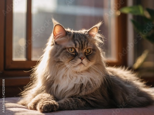 Fluffy Siamese cat relaxing in warm sunlight near a cozy window photo