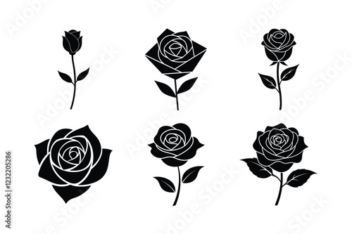 Romantic rose flower bundle silhouette black set