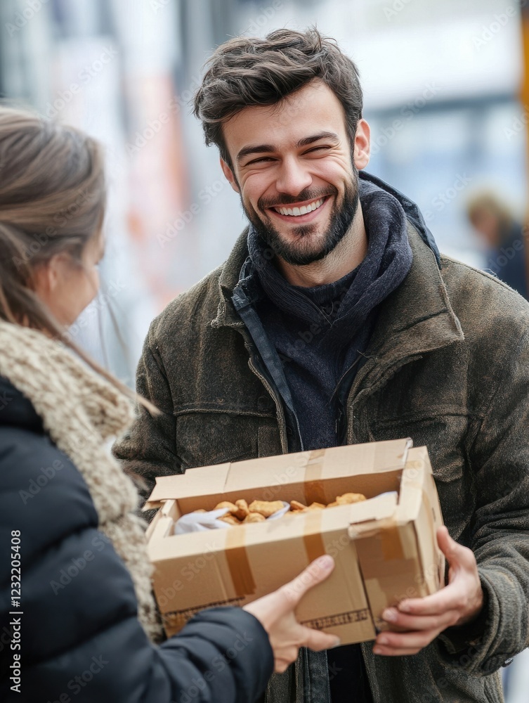 charity, donation and volunteering concept - happy smiling male volunteer giving box of food to woman at distribution center at distribution or refugee assistance center charity, donation and volunteering concept - happy smiling male volunteer giving box of food to woman at distribution center at distribution or refugee assistance center