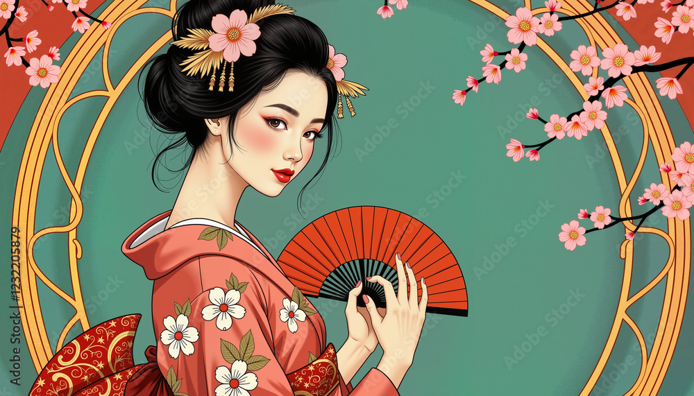 Graceful Japanese woman performing fan dance in kimono, cultural elegance Graceful Japanese woman performing fan dance in kimono, cultural elegance