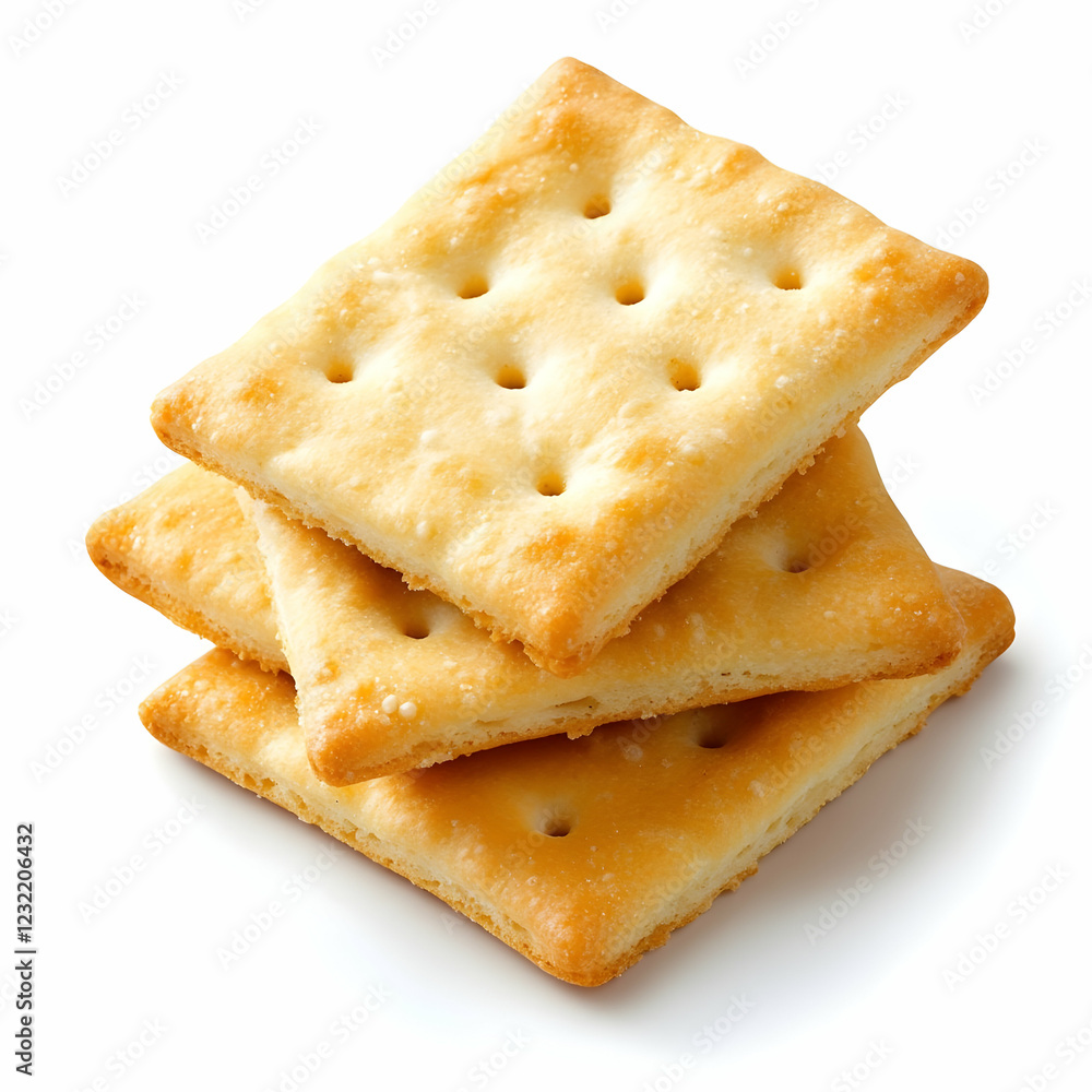 Crispy square crackers, stacked, white background, food photography Crispy square crackers, stacked, white background, food photography