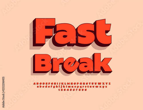Vector Advertising banner Fast Break. Isometric Red Font. Bright Digital Alphabet Letters and Numbers set.