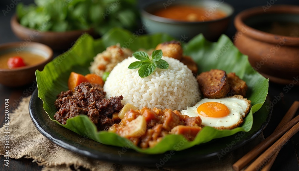 Traditional Indonesian food dish with rice, egg, and various side dishes. Concept of delicious, cultural food, home cooked meal. Traditional Indonesian food dish with rice, egg, and various side dishes. Concept of delicious, cultural food, home cooked meal.